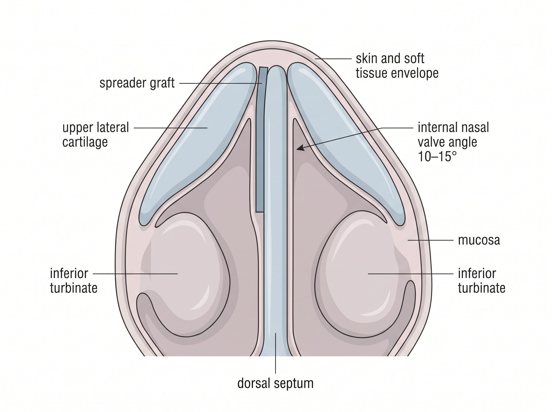Coronal section at the internal nasal valve: dorsal septum, upper lateral cartilages, the 10–15° valve angle, a spreader graft on one side
