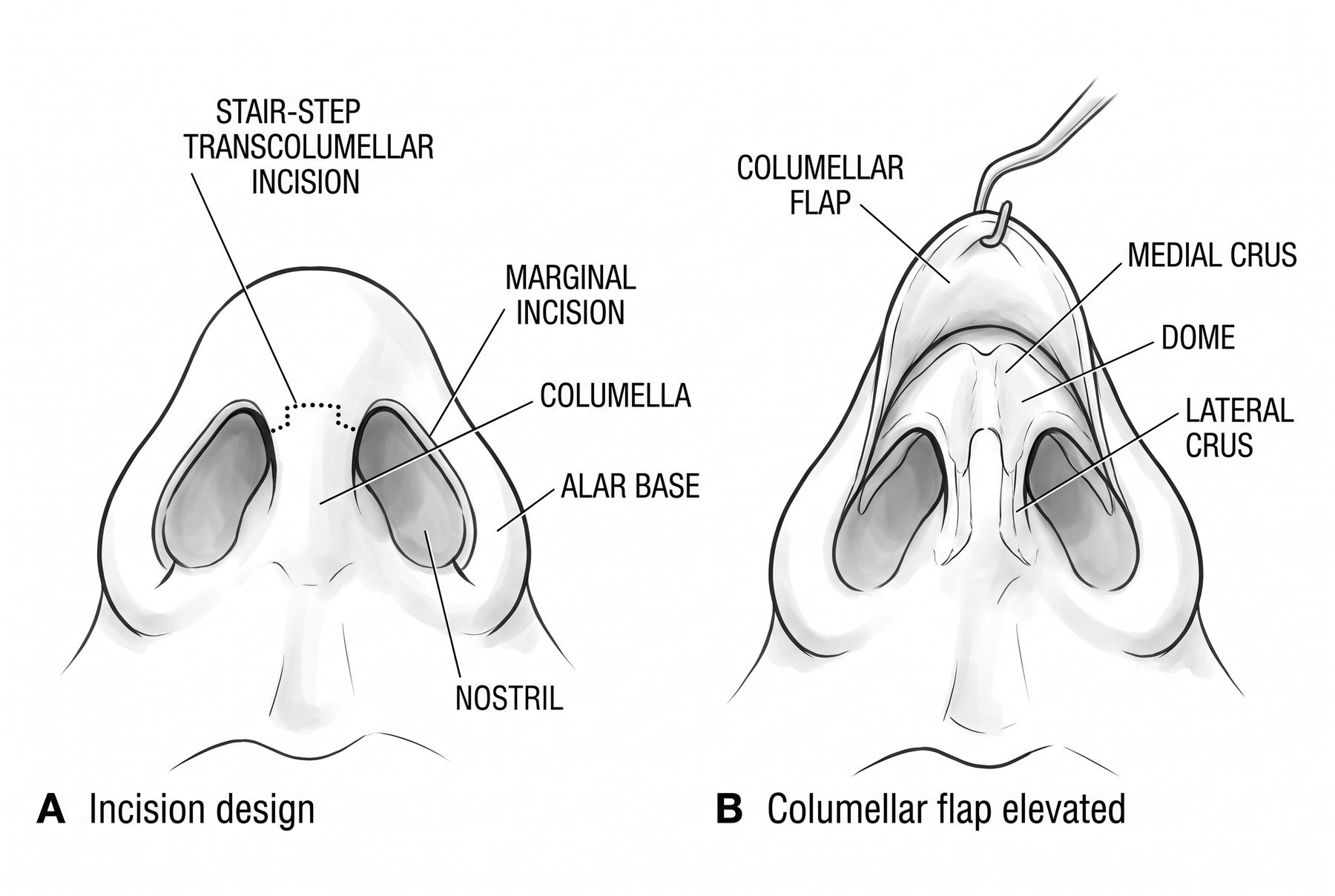 Open rhinoplasty incision: the stair-step transcolumellar incision at the narrowest point of the columella joined to marginal incisions, and the columellar flap elevated to expose the medial crura, domes and lateral crura
